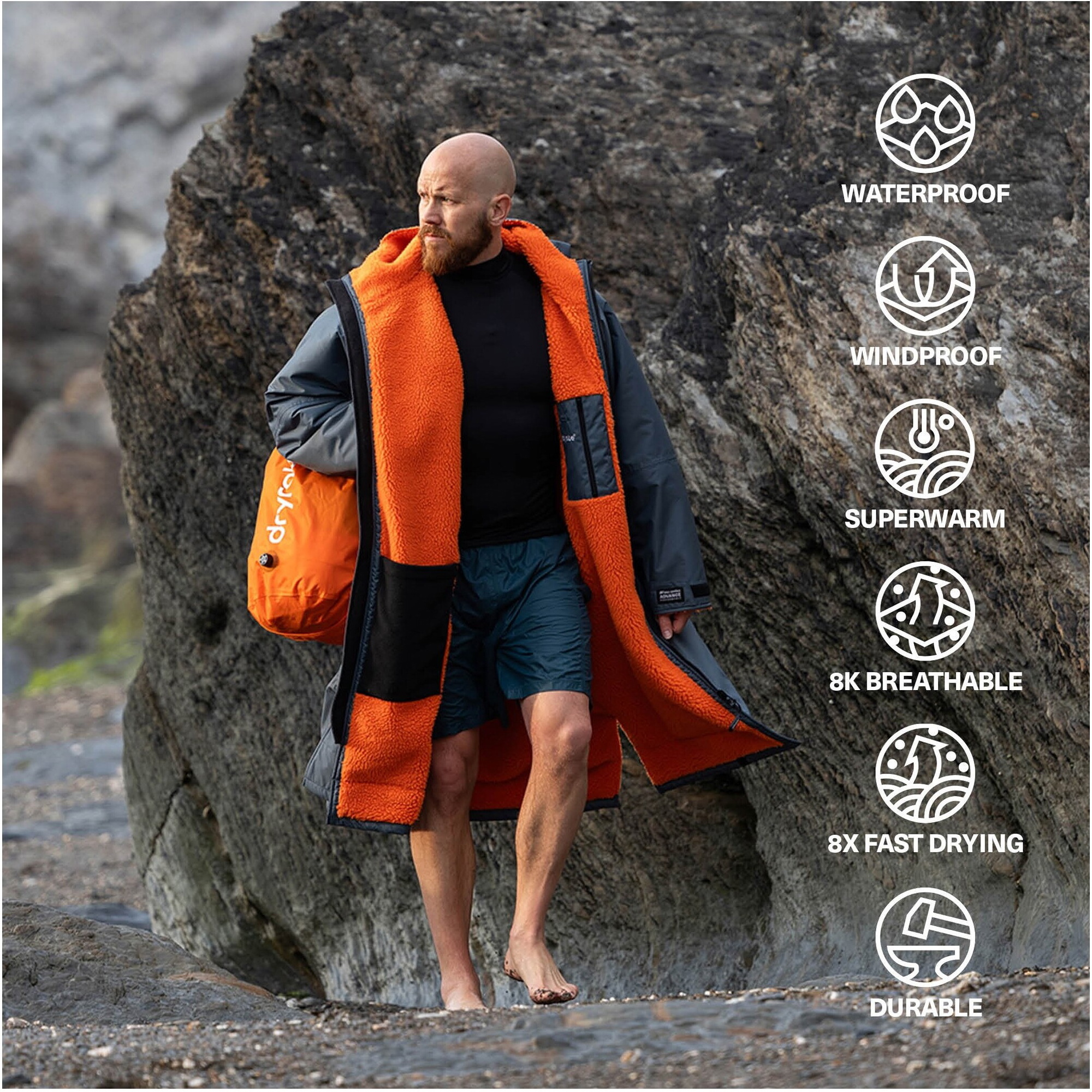 2026 Dryrobe Advance Long Sleeve Changing Robe DALSV3 - Dark Grey / Orange